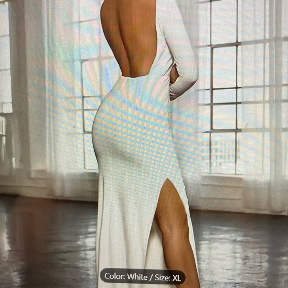 large white backless long sleeve bodycon floor length dress thigh split Wedding